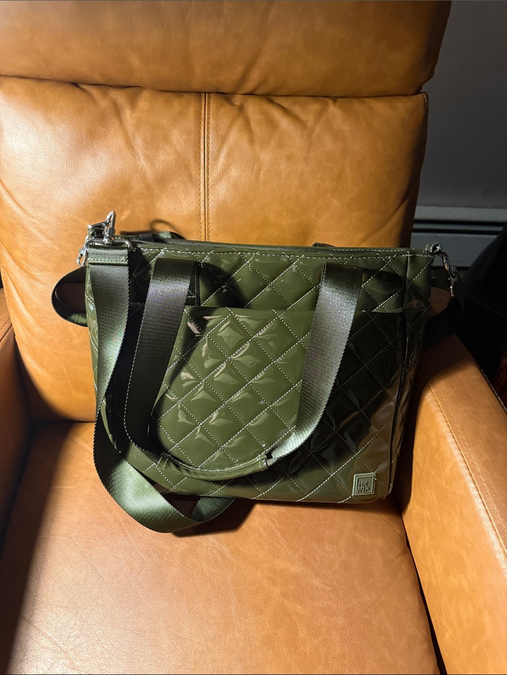 Quilted Olive Green Patent Tote with Wide Straps